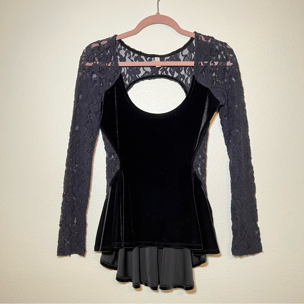 Free People Black Velvet & Lace Long Sleeve Top